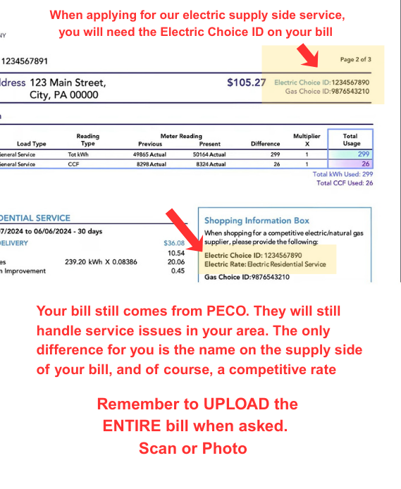 PECO bill sample page 2 highlighting Electric Choice ID