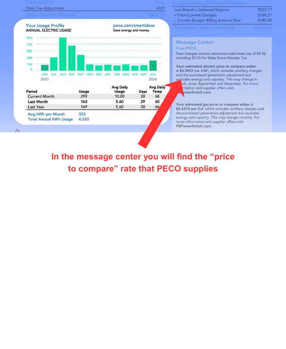 PECO bill section showing price to compare